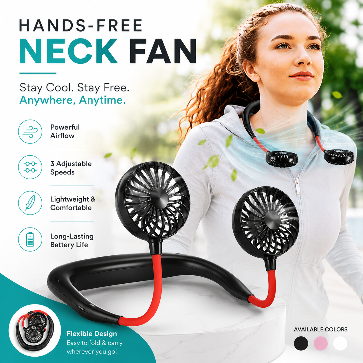 USB rechargeable portable neck fan with 3-speed hands-free cooling