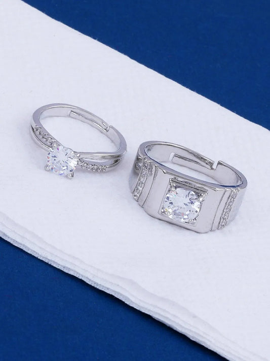 Silver Crystal Friendship Adjustable Ring Set (2 Pcs)