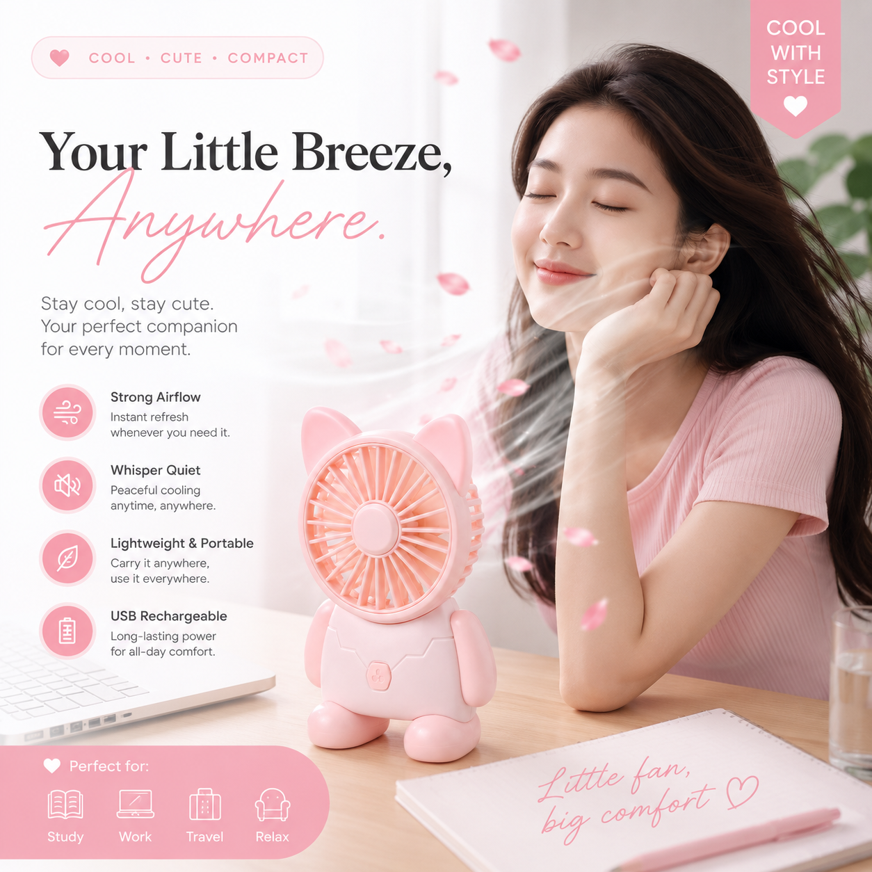 Hello Kitty Handheld Small Fan | Rechargeable Mini Pocket Fan