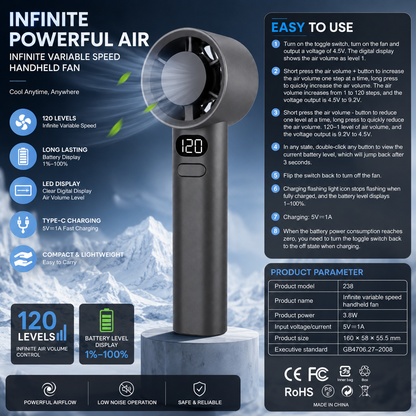 Portable Infinite Variable Speed Handheld Fan  – 120 Speed Levels