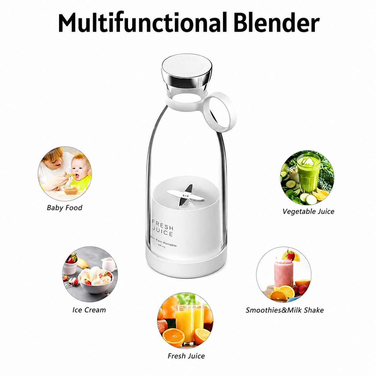 Multifunctional blender with images of its uses on a white background